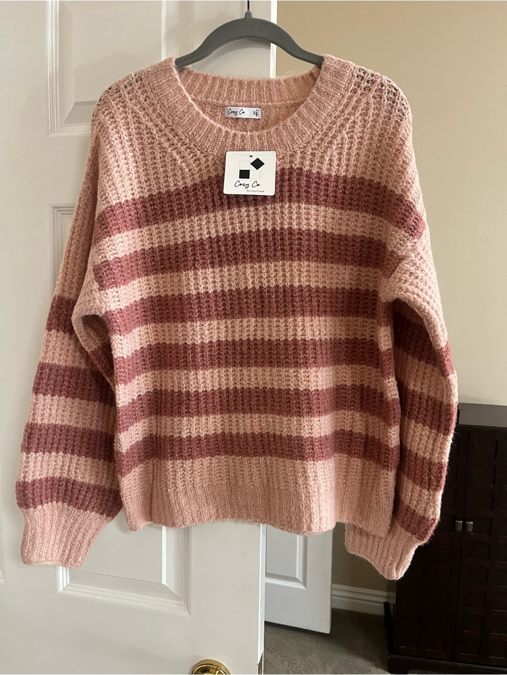 Cozy Co Striped Crewneck Sweater in Blush & Dusty Rose